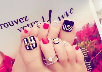 

New 24pcs Best Sellers Fashion Rivet Red High Quality Full Cover French 3D ToeNails For Foot Nail Kawaii Foot False Nail [T123]