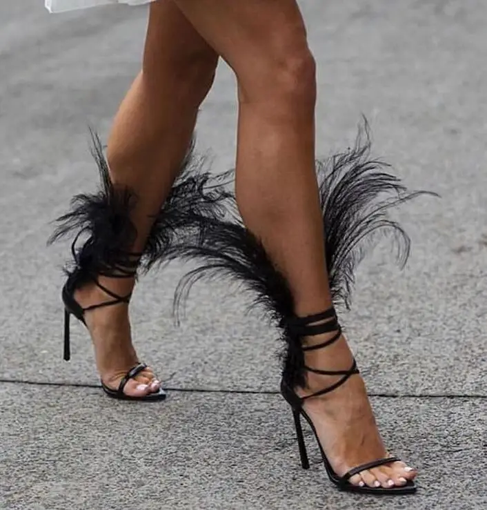 

2018 Summer Women High Heel Sandals Ostrich Hair Shoes Woman Thin Heels Ankle Strap Fashion Gladiator Sandals Sandalias Mujer