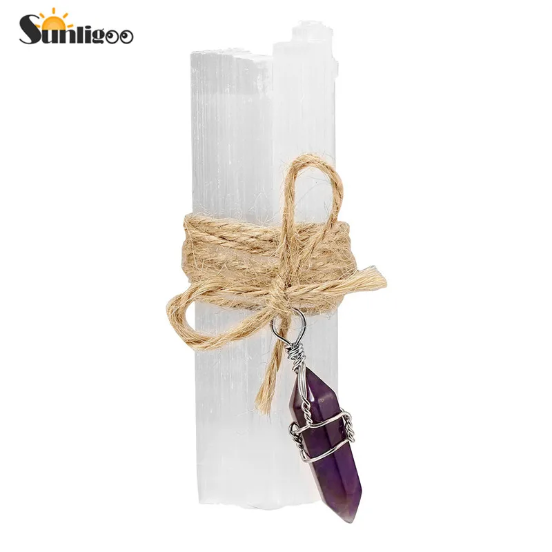 

Sunligoo Chakra Stone Amethyst Clear Quartz Point Hexagonal Pendant+4pc Selenite Stick Wands Bundle by Hemp Rope Yoga Meditation