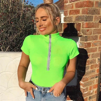 

New Sexy Women Fluorescence Zipper Style Bodysuit High Neck Female Summer Short Sleeve Bodysuit Rompers Green