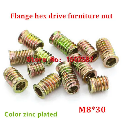 20pcs/lot M8*30 Color Zinc Coated Flange Hex Drive Head Furniture Nut Internal External Thread Screw For Wood Insert | Обустройство