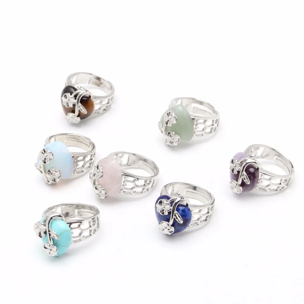 

Wedding Party Silver Color Hollowed Flower Heart Adjustable Ring Natural Quartz Lapis Lazuli Opal Amethysts Stone Mid Rings
