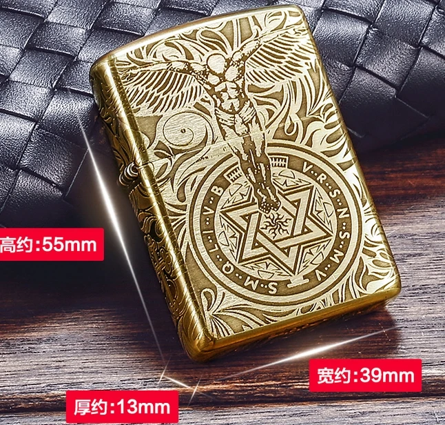 

Drop-ship QRJP wholesale Copper brand lighter Five-sided carving guardian angel Beckham tattoo