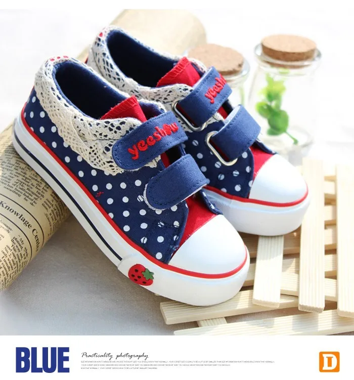 2015 New Lace Children Shoes Breathable Cotton Fabric Girls Shoes Polka Dot Canvas Velcro Coe Muscle Sneakers Autumn Kids Shoes free shipping (5)