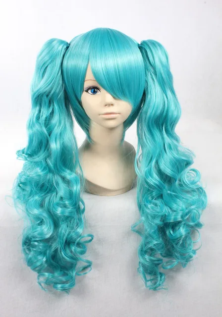 Quality Thick 70cm+30cm Ponytails Clips Wavy Blue Wig Vocaloid Hatsune ...