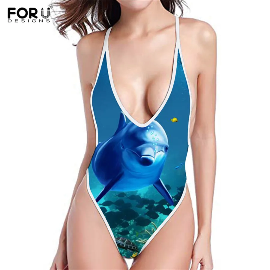 

Doginthehole Swimwear Women 2019 Dolphin 3D Printed Swimsuit One Piece Bathing Suits Blue Bikini High Waist Bikini Fato De Banho