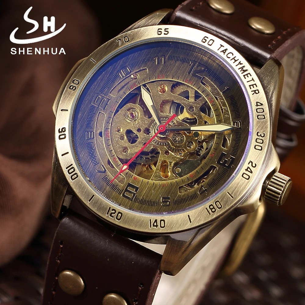 SHENHUA бронзовые часы винтажные с скелетом мужские montre homme Мужские автоматические