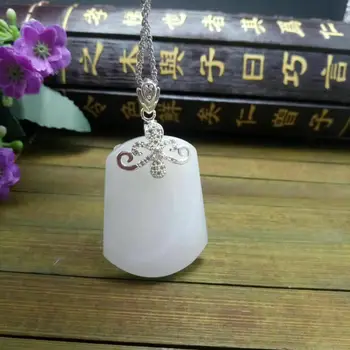 

Koraba Fine Jewelry Unique Fashion Natural White Jade Carving of Peace Card Shape Pendant Necklace Free Shipping