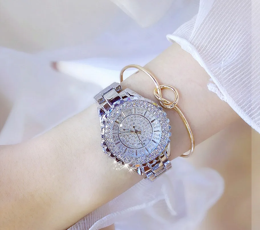 Для женщин Стразы Часы леди платье часы Montre Femme Нержавеющая сталь ремешок большой циферблат браслет наручные женские часы со стразами