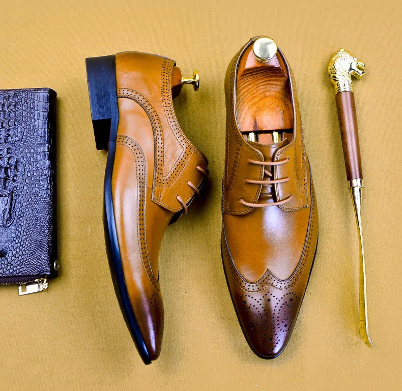 

100% Genuine Leather Luxury Brogue Men's Dress Shoes Handmade Wedding Shoes Brown Black Office Footwear Mans Formal Suit Shoes