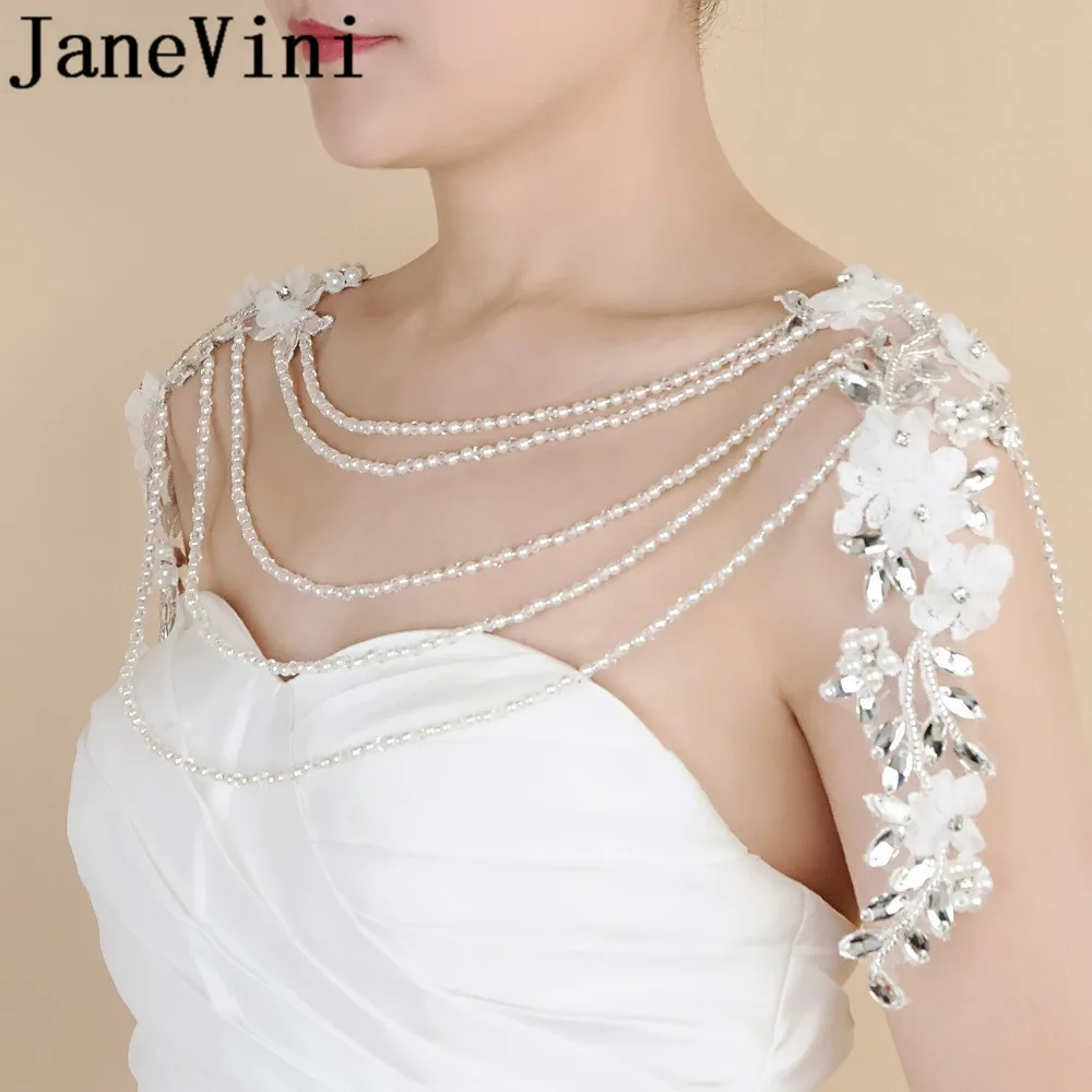 

JaneVini Rhinestone Crystal Bridal Necklace Fashion Wedding Shoulder Chain Long Necklaces Bride Handmade Flowers Lace-Up Wrap