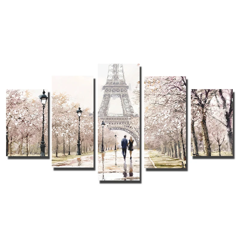 Comprar 5 paneles torre de París Imágenes modulares para la decoración de la pared del hogar romántico París amor historia Posters lienzo pintura Cuadros Decoración