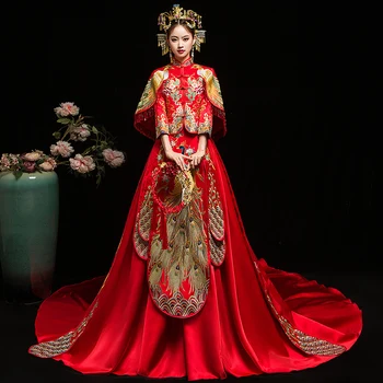 

Vintage red Bridal Embroidery Cheongsam Modern Traditional Chinese style Wedding Dress Oriental Womens Qipao Vestidos Size S-XXL