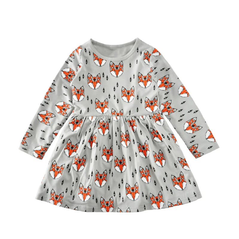 Fashion Girl Fox Dresses Lovely Kids Girl Long Sleeve Animal pPrinted
