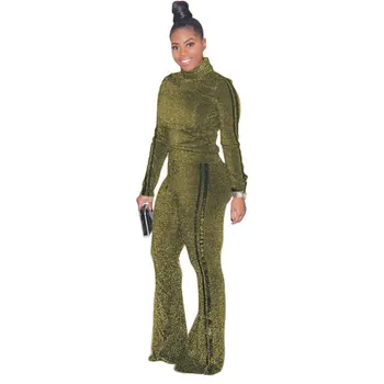 

Gold Turtleneck Women Set Casual Long Sleeve Elegant Side Striped Print Top With Pant Two Piece Set Outfit Suit Female Set Women