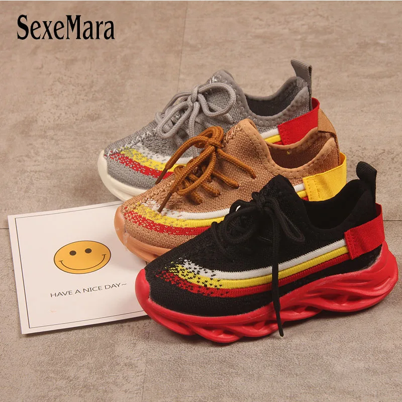 

2019 New Spring Autumn Boy Shoes Kids Girls Breathable Knitted Cotton Casual Sneakers Rainbow Stripes Kids Sneakers Brand C07191