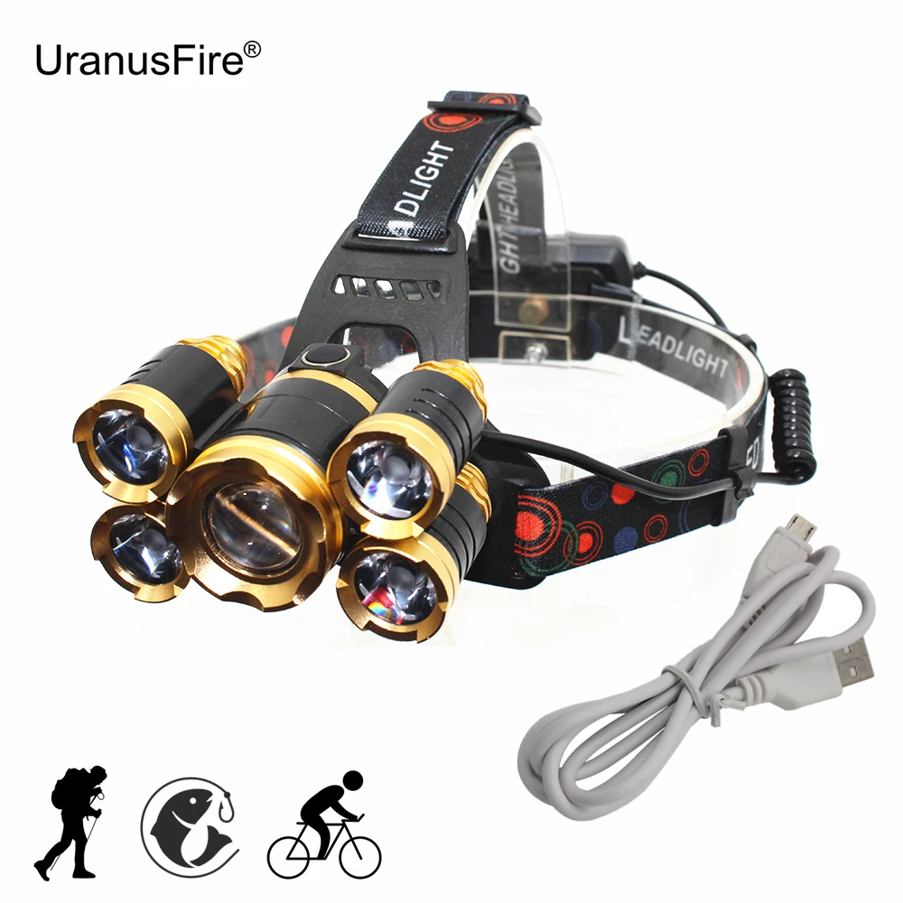 USB Перезаряжаемые налобный фонарь 5 светодиодный Масштабируемые светодиодные фары мощный налобный фонарь-1 шт. • T6+ 4* XPE охотничий фонарь для рыбалки велосипедный фонарь с USB кабелем