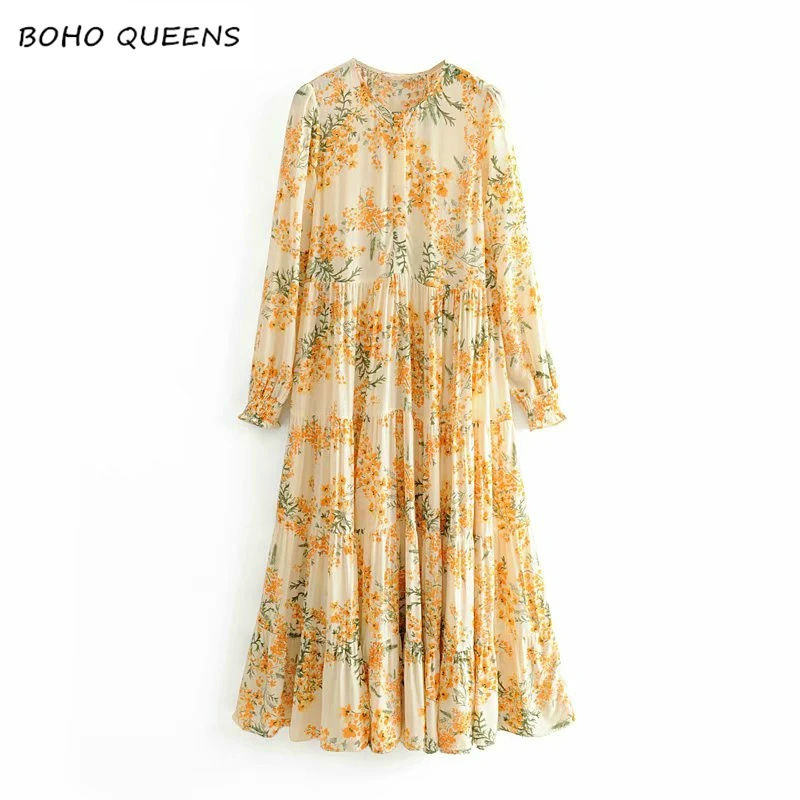 

Boho Chic women floral print long sleeve beach Bohemian Maxi dresses Ladies O-neck rayon cotton pleasted vintage dress vestidos