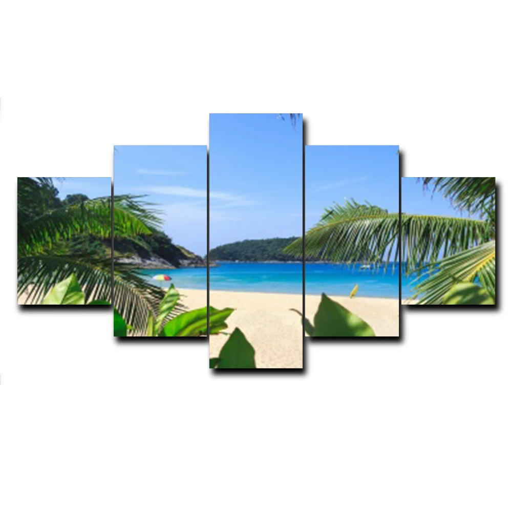 

Laeacco Canvas Calligraphy Painting 5 Panel Posters and Prints Palm Tree Beach Wall Art for Living Room Home Decoration