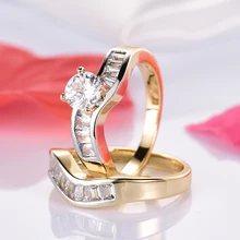 GULICX Trendy Austrian Crystal Ring Set Sterling Gold-color CZ Crystal Wedding Engagement Finger Ring Set For Women Anillos