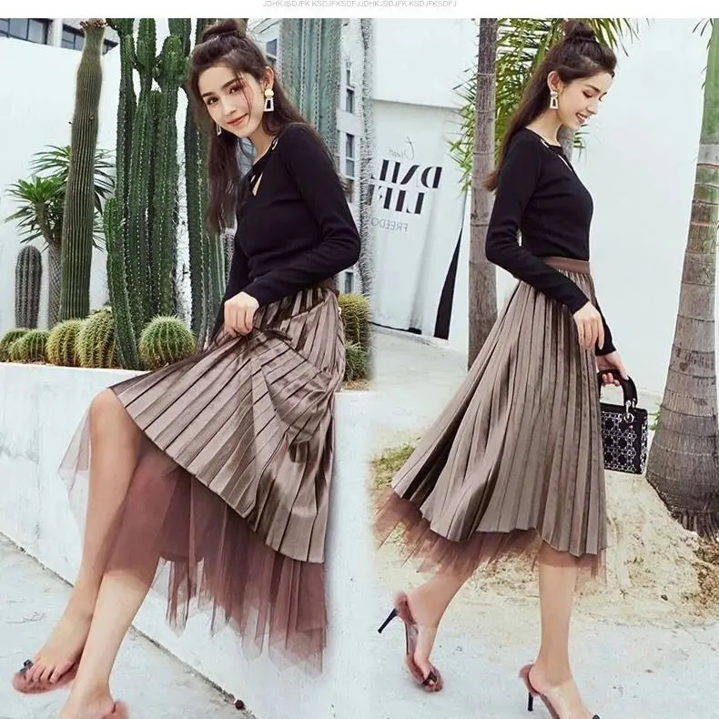 ELEXS 2 Layers Mesh Skirts Women's Black Gray Adult Tulle Skirt Elastic High Waist Pleated Midi Skirt Double-side