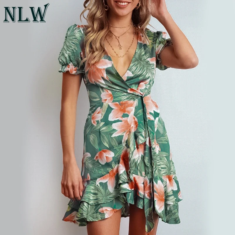 NLW короткий рукав элегантное женское платье талия галстук Vestido оборки молния