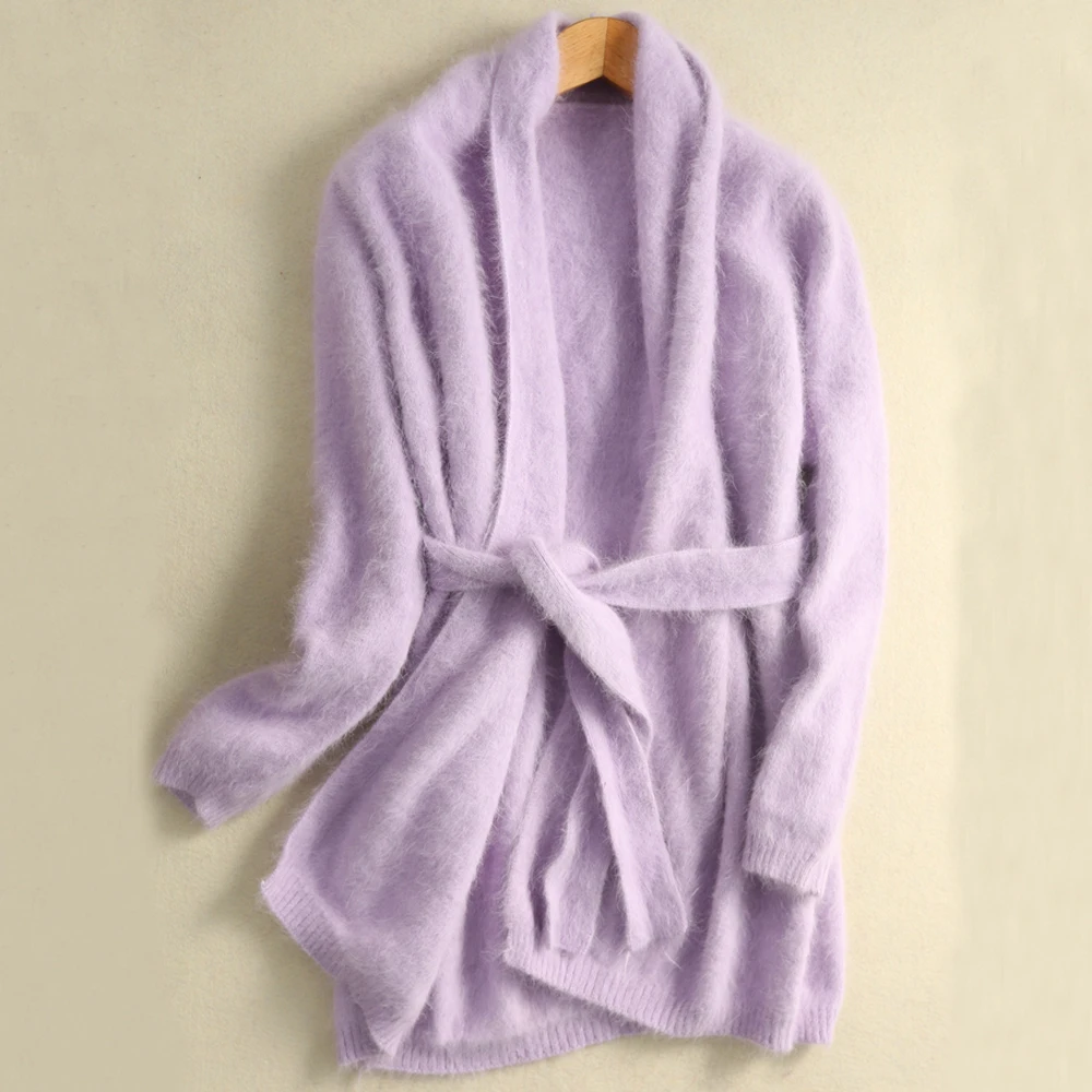 

korean style women long cardigan pure true soft long hair mink cashmere swetater belt knitted sweater tbsr640