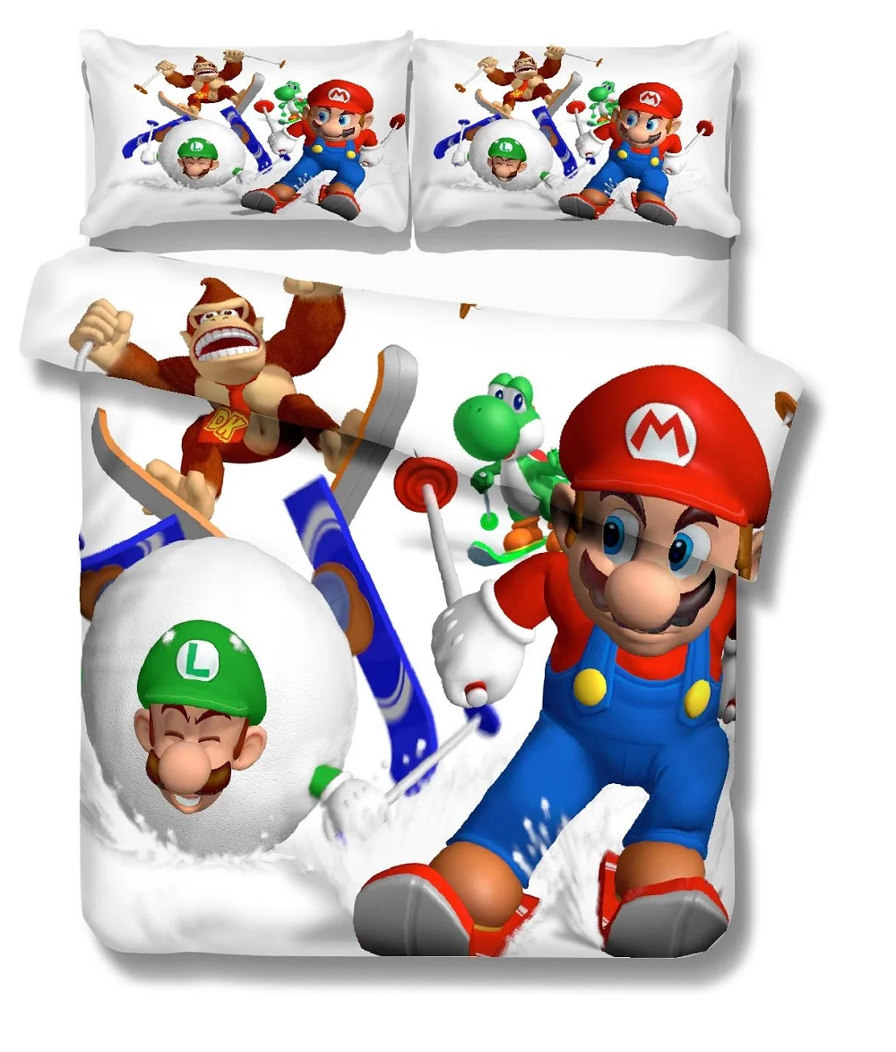 Cartoon Mario Game Character Kid Bed Linen Set 3PCS AU/US/EU Size Microfiber Bedding Set with 2 Pillowcase Soft Duvet Cover Set