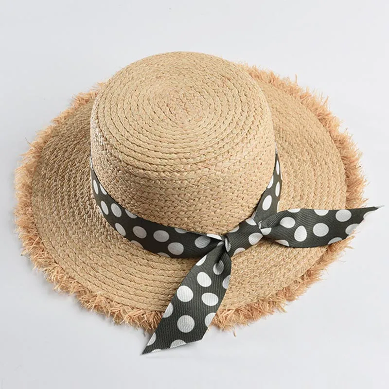 

Classical Ladies Raffia Hats Ribbon Bowknot Accent Fringed Wide Brim Sun Hat Flat Top Summer Straw Hat Women Boater Beach Cap