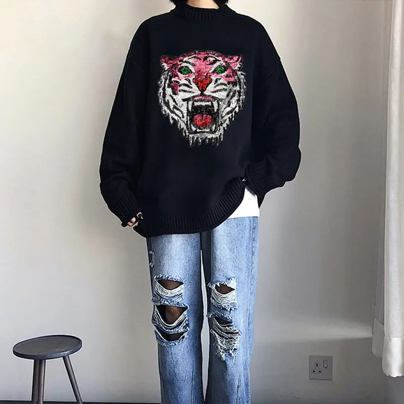 Большие розовые блестки нашивки с тигром пришитые на одежду байкерские ...