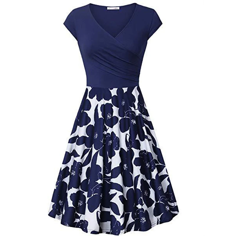 

Hepburn Style Tunic Patchwork Fit Flare Women Dress Short Sleeve Cross V Neck Summer Vintage Elegant Floral Print Midi vestidos