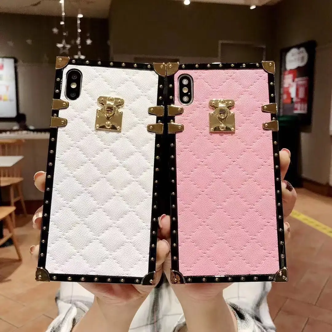 

Luxury retro lambskin lattice case for Samsung galaxy S8 S9 S10 Note 8 9 fashion square plating metal soft Silicon Phone Cover