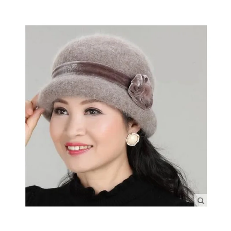 New Fashion Women Winter Hat Sets Floral Skullies Wool Mixed Rabbit Fur Warm Outdoor Knitted Beanies Baggy Headwear Cap