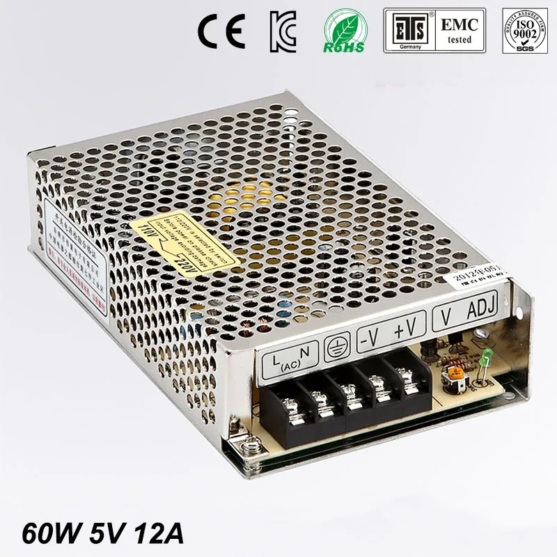 

Best quality 5V 12A 60W Switching Power Supply Driver for LED Strip AC 100-240V Input to DC 5V free shipping