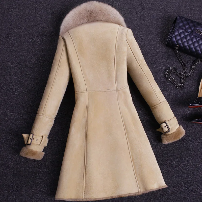 Пальто из натурального меха, Натуральная шерсть, шуба, зимняя куртка для женщин, воротник из лисьего меха, роскошные шубы и куртки из овчины, Abrigo Mujer 008