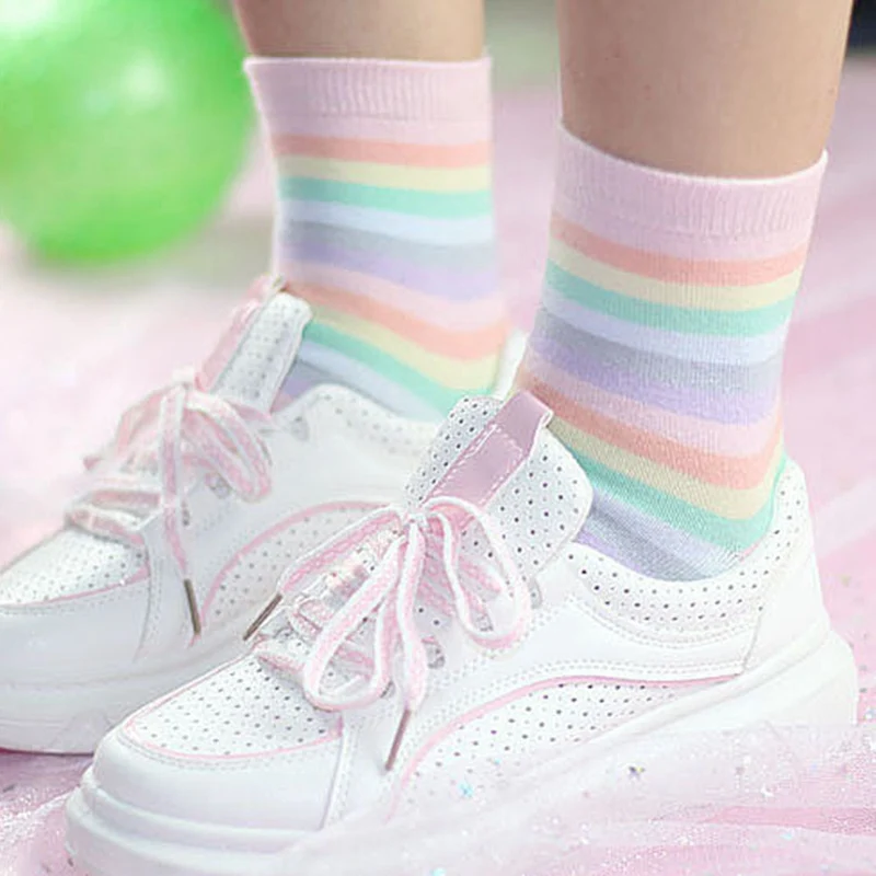 Молодежные красивые Kawaii радужные носки для девочек удобные японские Harajuku
