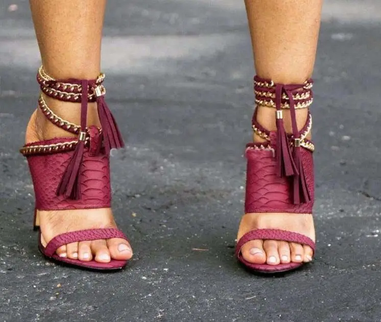 

Sestito Women Charming Chains High Heels Ankle Strap Sandals Female Sexy Tassel Slingback Shoes For Ladies Lace-up Shoes