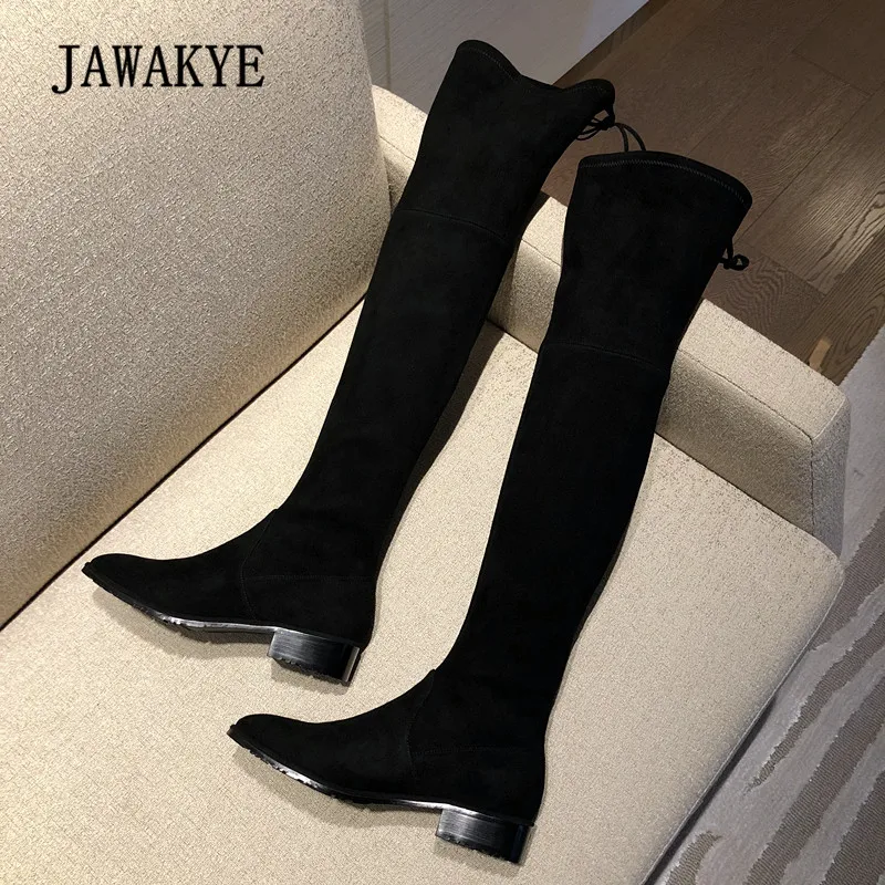

Newest Sexy Suede Stretch Over The Knee Boots Woman Pointed Toe Flat Long Boots Women Lace Up Chic Knight Boots