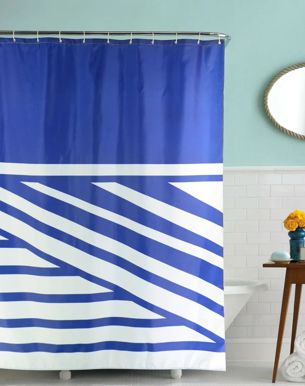 QIYI Geometric Strip Waterproof Shower Curtains with Hooks Polyester