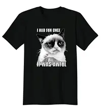 Grumpy Kitten I Had Fun Once It Was Awful Meme Funny T-Shirt Tee Short Sleeves Cotton T-Shirt Fashion O-Neck T Shirt Homme