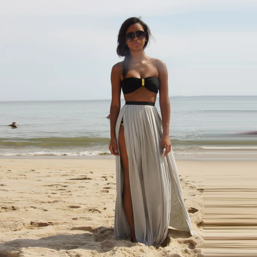 

Hot Sexy High Slits Chiffon Skirt A Line Floor Length One Layer Thick Cool Maxi Skirt Summer Beach Style Long Skirts Women