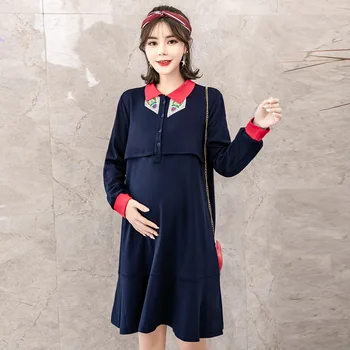 

Autumn Maternity Nursing Dresses Peter Pan Collar Long Sleeve Pregnancy Clothings Casual Dress for Pregnant Women