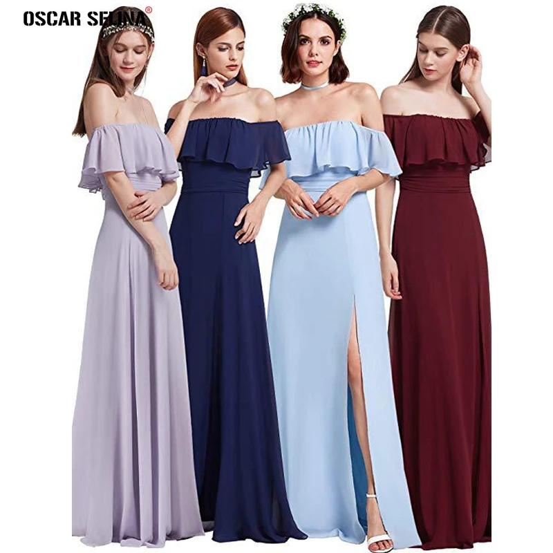 Vestido dama de honor fiesta2019 new chiffon Boat Neck A Line navy blue sky lavender Burgundy bridesmaid dresses long boho | Свадьбы и