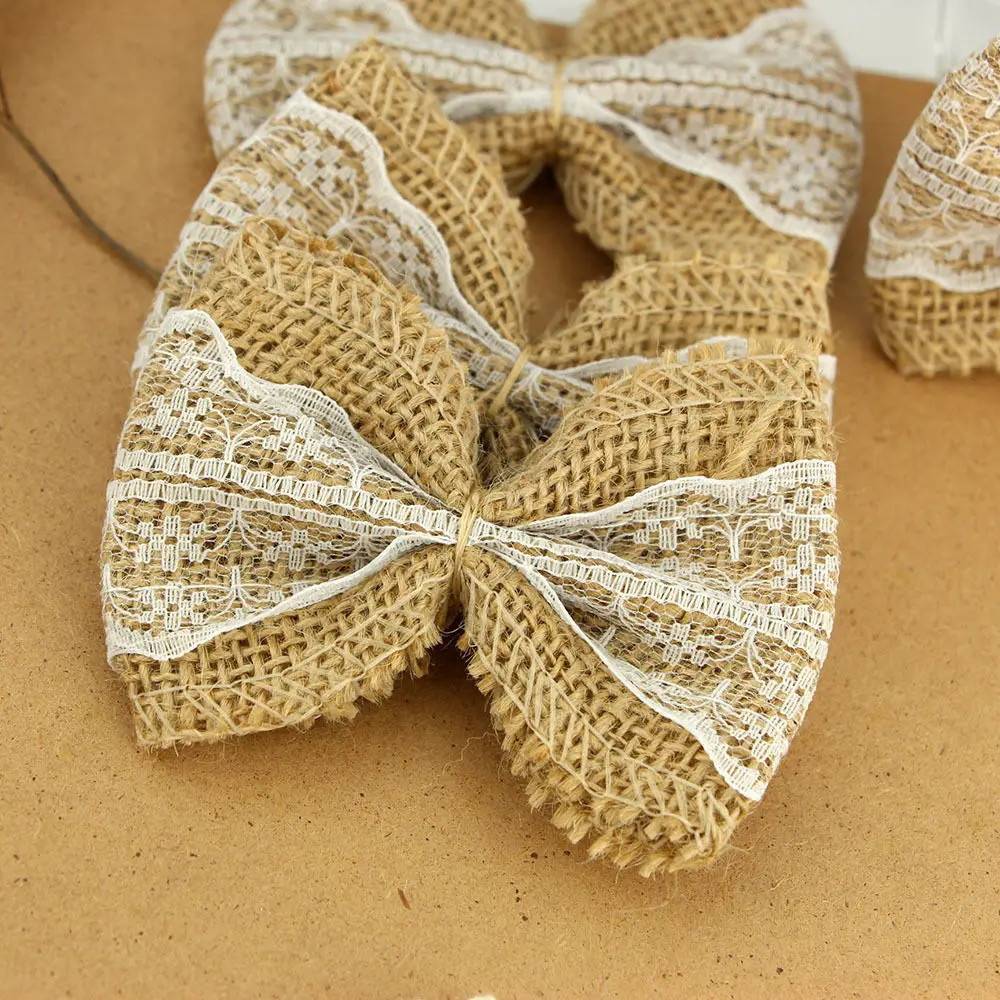 100 pieces /pack Hessian Burlap Lace Bows Embellishments Chic Christmas Tree Rustic Wedding Craft-L1
