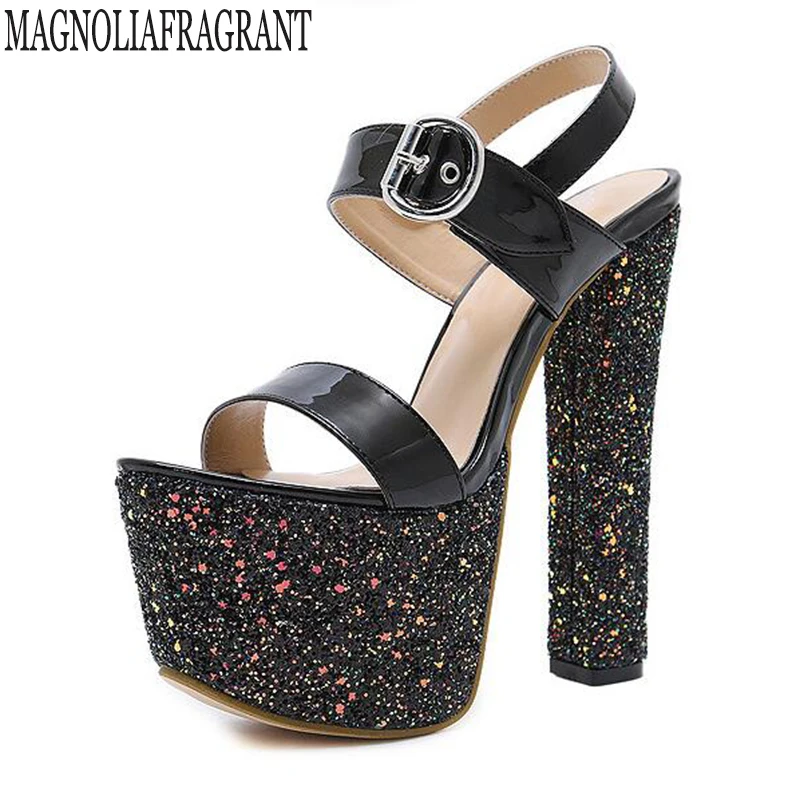 

Women Sandals Gladiator Party Ankle Strap Patent Leather Concise Very High heel Pumps Sequins Fetish Sandals platform shoes k690