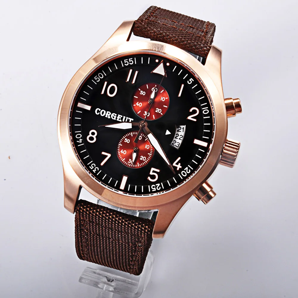 

Corgeut NEW 46mm black dial PVD Case mixed strap of the cloth and leather Full Chronograph men quartz wristwatches