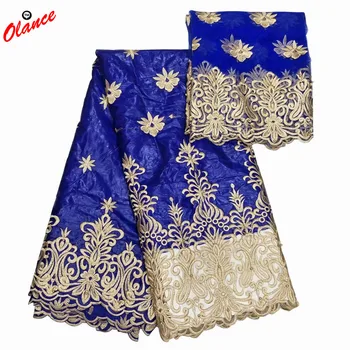 

NICE fabric embroidered golden color tulle lace edge with Beads 5 yards Bazin and 2 yards net lace KY101 Nigeria WAX lace Fabric