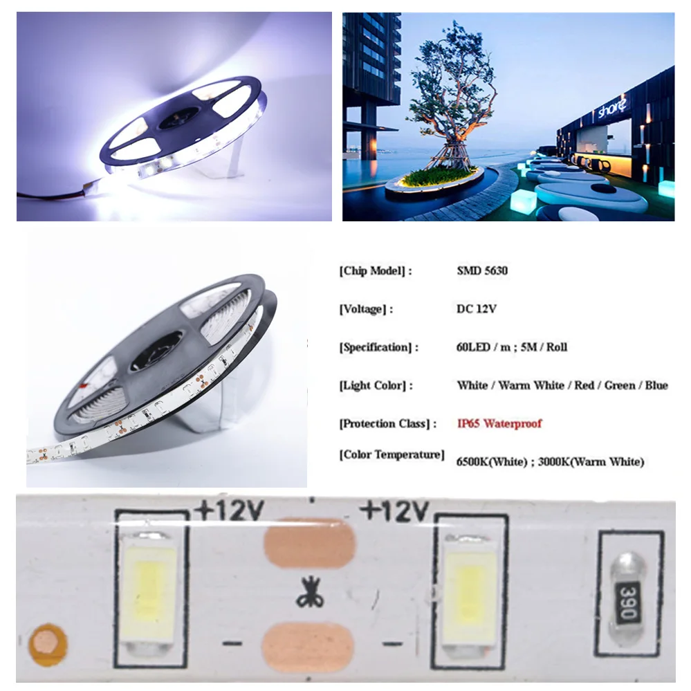 Водонепроницаемая светодиодная лента IP65 12 В постоянного тока 5 м 2835 5630 5050 SMD 300