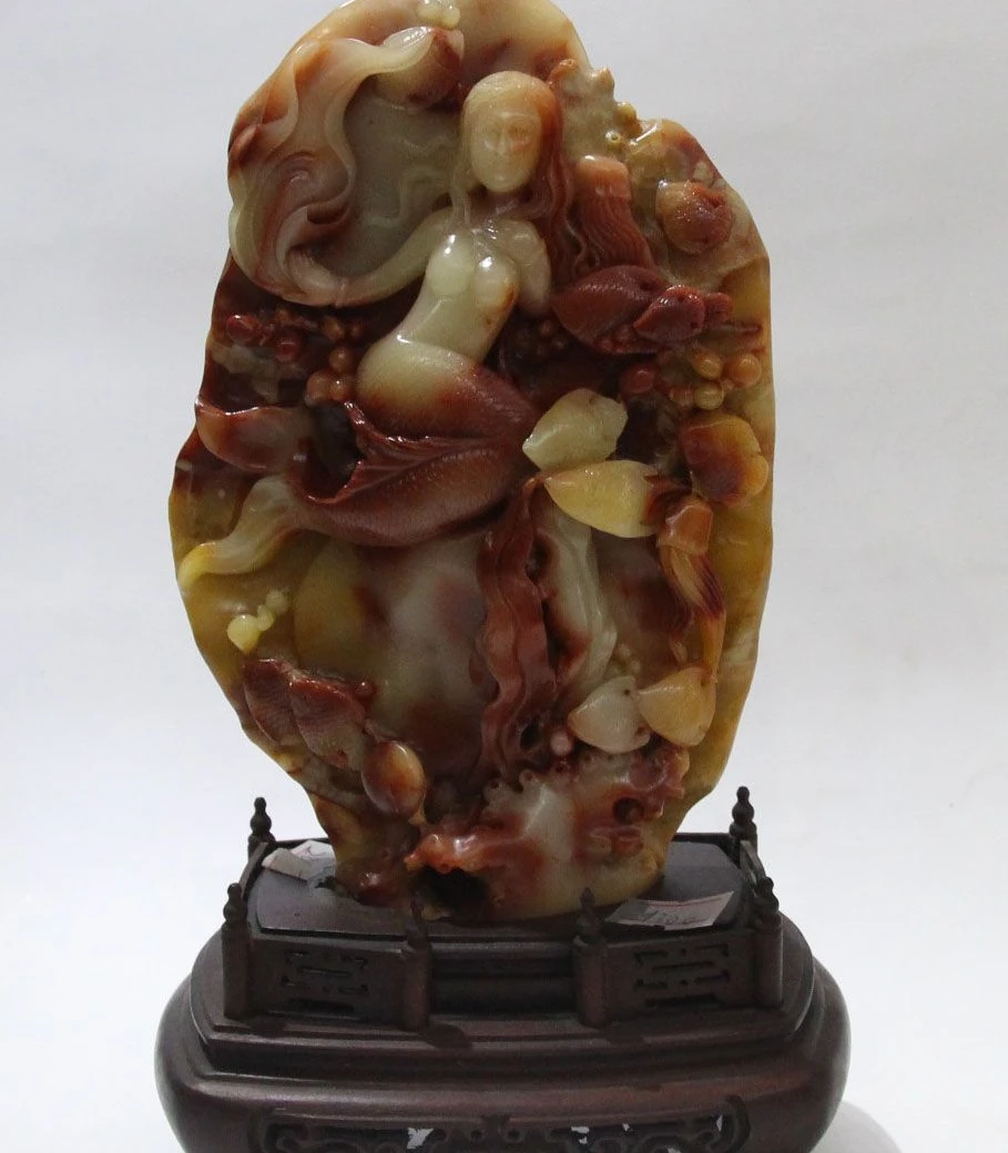 

9" Rare Natural ShouShan Stone Carving Mermaid Sea-maid Sea-maiden Fish Statue