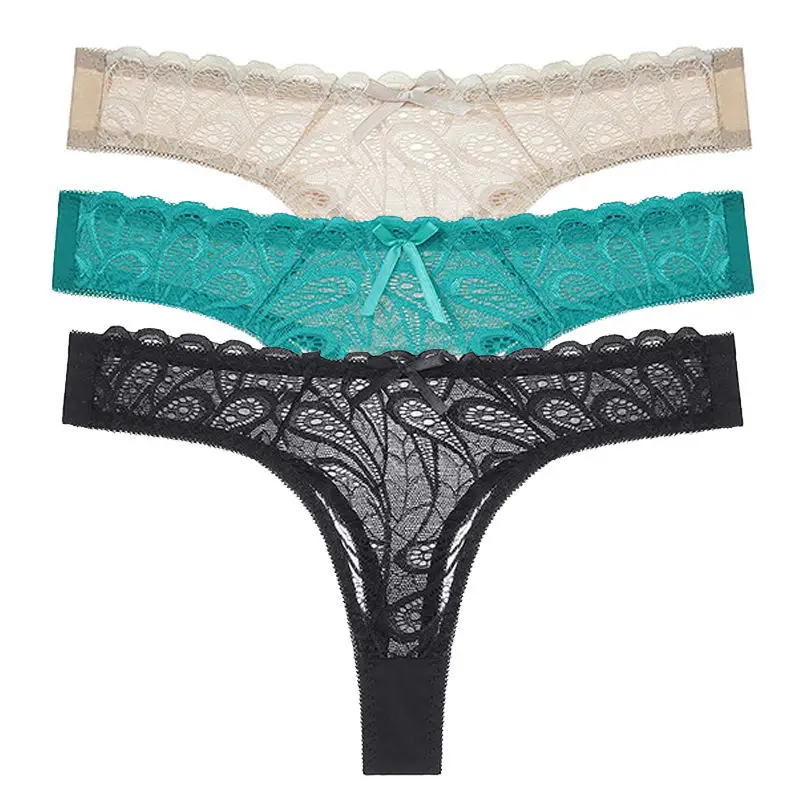 Black-Green-Beige Julexy, 3 шт./лот, кружевные трусики-стринги, комплект нижнего белья, женское комфортное нижнее белье, модные женские трусы с низкой посадкой, открытые стринги - Цвет: Black-Green-Beige